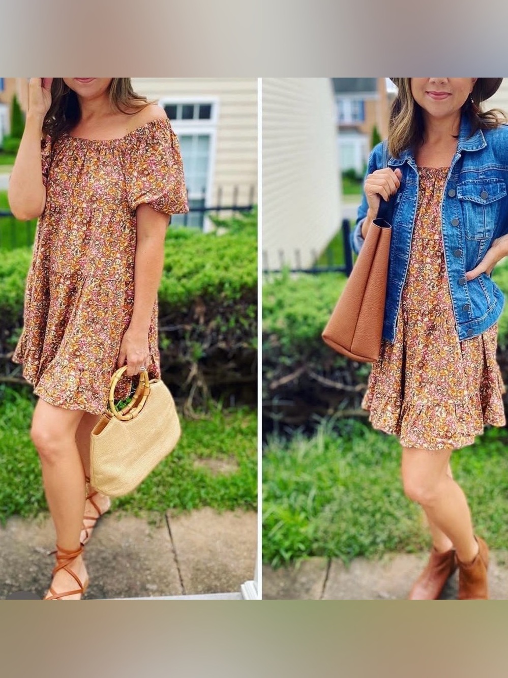 Floral Puff Sleeve tiered mini Dress — Rust & Pink